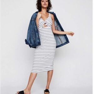 Express Black and White Striped Ribbed Midi Dress with Cut Out and Front Tie - M